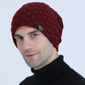 Burgundy checkered knit beanie for men with thick fleece lining and bear logo patch - Red