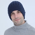 Dark blue rib-knit beanie hat for winter warmth with thick vertical stripe texture - One Size / Navy Blue