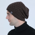 Men's dark brown cable knit beanie with fleece lining and wolf graphic patch - Coffee