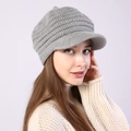 Women's gray striped knit newsboy cap with thick warm fleece lining for winter - Adjustable / Light Gray