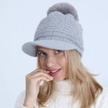 Women's grey knit brimmed beanie with faux fur pom pom and warm fleece lining - One Size / Gray