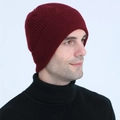Men's deep red cable knit beanie with warm fleece lining and geometric wave pattern - Red