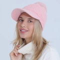 Pink knit baseball cap for women with plush pompom and warm thick lining for winter - One Size / Pink