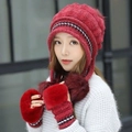 Winter set with dark red pompom knit hat and matching faux fur cuff gloves - Hat + Gloves Set / Burgundy