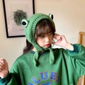 Cute green knitted frog earflap hat for women with big eyes for autumn and winter - Green