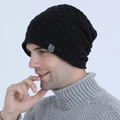 Men's black waffle knit beanie with bear patch and thermal fleece lining for winter - Black