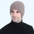 Men's winter cable knit beanie in taupe color with soft fleece lining and diamond pattern - Khaki
