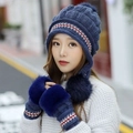 Deep blue winter knit hat and gloves set with ethnic stripes and faux fur trim - Navy Blue
