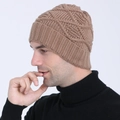 Beige knit beanie with diamond pattern for winter warmth shown on a side-profile model - Khaki