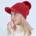 Women's thick red knit beanie hat with brim and large faux fur pompom for winter - One Size / Red