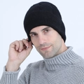 Men's winter cable knit beanie hat in black with ribbed cuff for warmth and protection - Black