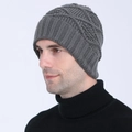 Men's grey knit beanie hat featuring thick texture and geometric patterns for winter warmth - Gray