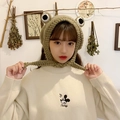 Handmade knitted frog-shaped winter hat with cute eyes and warm ear protection flaps - Khaki