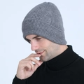 Men's dark grey cable knit beanie with fleece lining and geometric diamond patterns - Gray