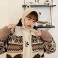 Cute frog-themed beige crochet knit earflap hat with 3D eyes and chin straps for women - Beige