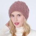 Dusty pink cable knit beanie hat for women featuring warm plush mohair style texture - Dusty Pink