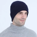 Men's winter cable knit beanie hat in deep blue with thermal fleece lining and ribbed design - One Size / Navy Blue