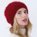 Women's warm knitted beret in dark red with silver glitter thread and plush texture - Burgundy