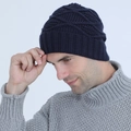 Men's navy blue knitted beanie with argyle diamond pattern and ribbed cuff finish - Navy Blue