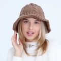 Brown cable knit bucket hat for women featuring warm winter wool fabric and vintage texture - One Size / Khaki