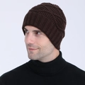 Men's dark coffee knit beanie with diamond pattern and ribbed edge for winter warmth - Coffee