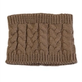 Close-up of brown cable knit snood with ribbed edges and thick thermal texture - Khaki