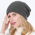 Dark grey knitted beanie featuring diamond lattice pattern and slouchy winter style - Gray