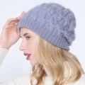 Lavender knit beanie for women featuring sparkling tinsel and a side view on a model - Light Gray