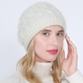 Women's ivory white cable knit beret with warm plush lining and braided pattern - Off White