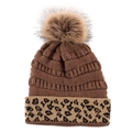Detailed view of winter knit beanie featuring leopard print cuff and plush pom-pom - Khaki