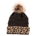 Detailed close-up of thick cable knit texture and leopard print cuff on a winter beanie - Dark Gray