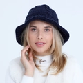 Women's dark blue crochet knit bucket hat with textured cable pattern for winter warmth - One Size / Navy Blue