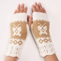Guantes de punto sin dedos con diseño de mariposa y bordes ondulados para invierno - Mariposa Caqui (Blanco) / Blanco