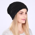 Thick pleated black knitted beanie with warm fleece lining for men and women - One Size / Black