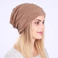 Winter knitted beanie in caramel with thick fleece lining and ribbed texture pattern - One Size / Khaki