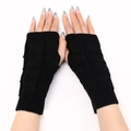 Detail of black knitted fingerless gloves showing textured checkered weave and ribbed cuffs - Black