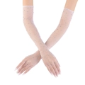 Close-up of white mesh fishnet long gloves with sparkling silver rhinestones for formal events - White Rhinestone Fishnet