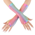 Rainbow gradient fishnet fingerless long gloves for party events and vibrant clubwear - One Size / Rainbow