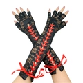 Gotische lange Spitzenhandschuhe mit roter Schnürung aus Satinband in elegantem Schwarz - Einheitsgröße / Schwarze Spitze-Rotes Band