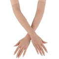 Close-up of skin tone fishnet gloves with rhinestones for elegant dance or party wear - One Size / Nude Fingerless Rhinestone