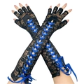 Gothic Spitzenhandschuhe in Schwarz mit blauer Satin-Schnürung und fingerlosem Design - Einheitsgröße / Schwarze Spitze-Blaues Band