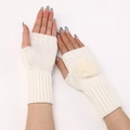 Women's cream white fingerless knit gloves with plush pompom and ribbed warm cuffs - One Size / White