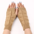 Knitted fingerless gloves for winter featuring geometric triangle patterns in camel brown - Beige