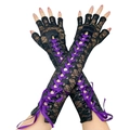 Lange fingerlose Spitzenhandschuhe im Gothic-Stil mit lila Schnürung und Blumenmuster - Einheitsgröße / Schwarze Spitze-Violettes Band