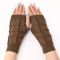 Brown knit fingerless gloves with diamond texture and ribbed cuffs for winter warmth - Khaki