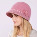 Elegant pink rabbit fur knit bucket hat for women with 3D floral accent for winter warmth - One Size / Pink