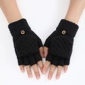 Black knitted convertible fingerless gloves with diamond pattern and fashion button - One Size / Black