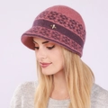 Women's warm knit visor hat in purple wool blend with elegant gold insect brooch - One Size / Pink