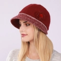 Women's warm burgundy knit bucket hat with thick faux rabbit fur and flower detail - One Size / Burgundy