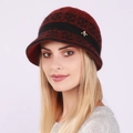Women's burgundy knit bucket hat with black floral pattern and rhinestone buckle decoration - One Size / Burgundy